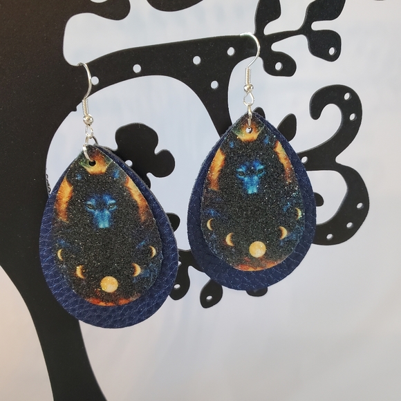 Wolf Moons Blue Faux Leather Teardrop Earrings - Picture 3 of 9